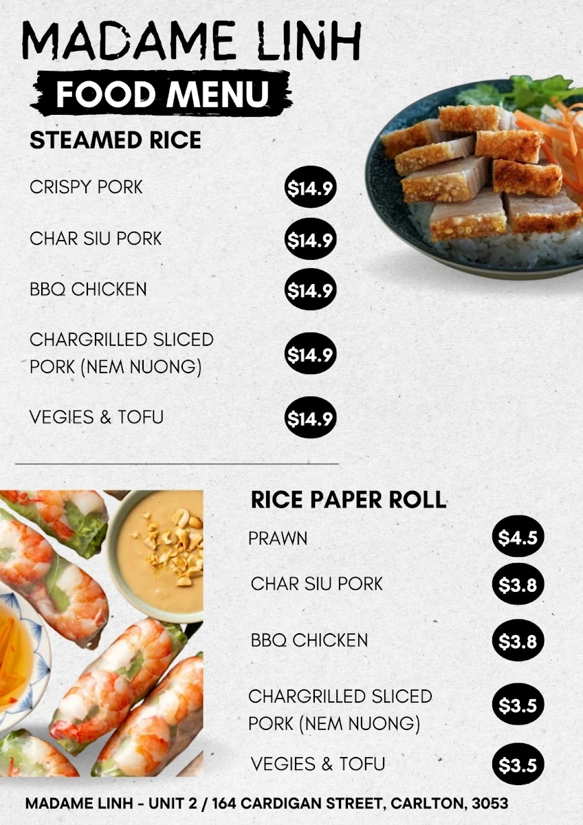 Menu, Madame Linh Vietnamese Cuisine