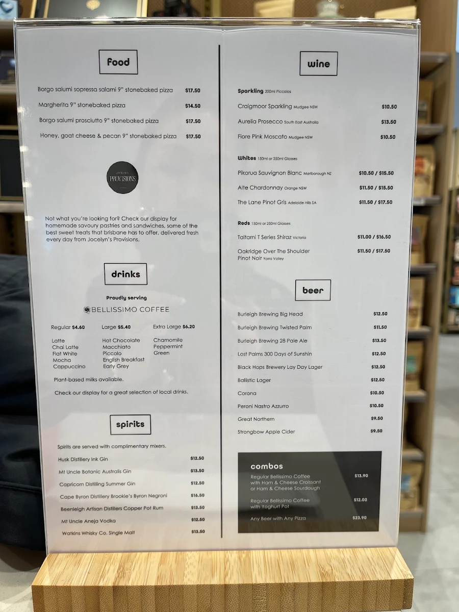 Menu, Bellissimo Coffee - Brisbane Airport