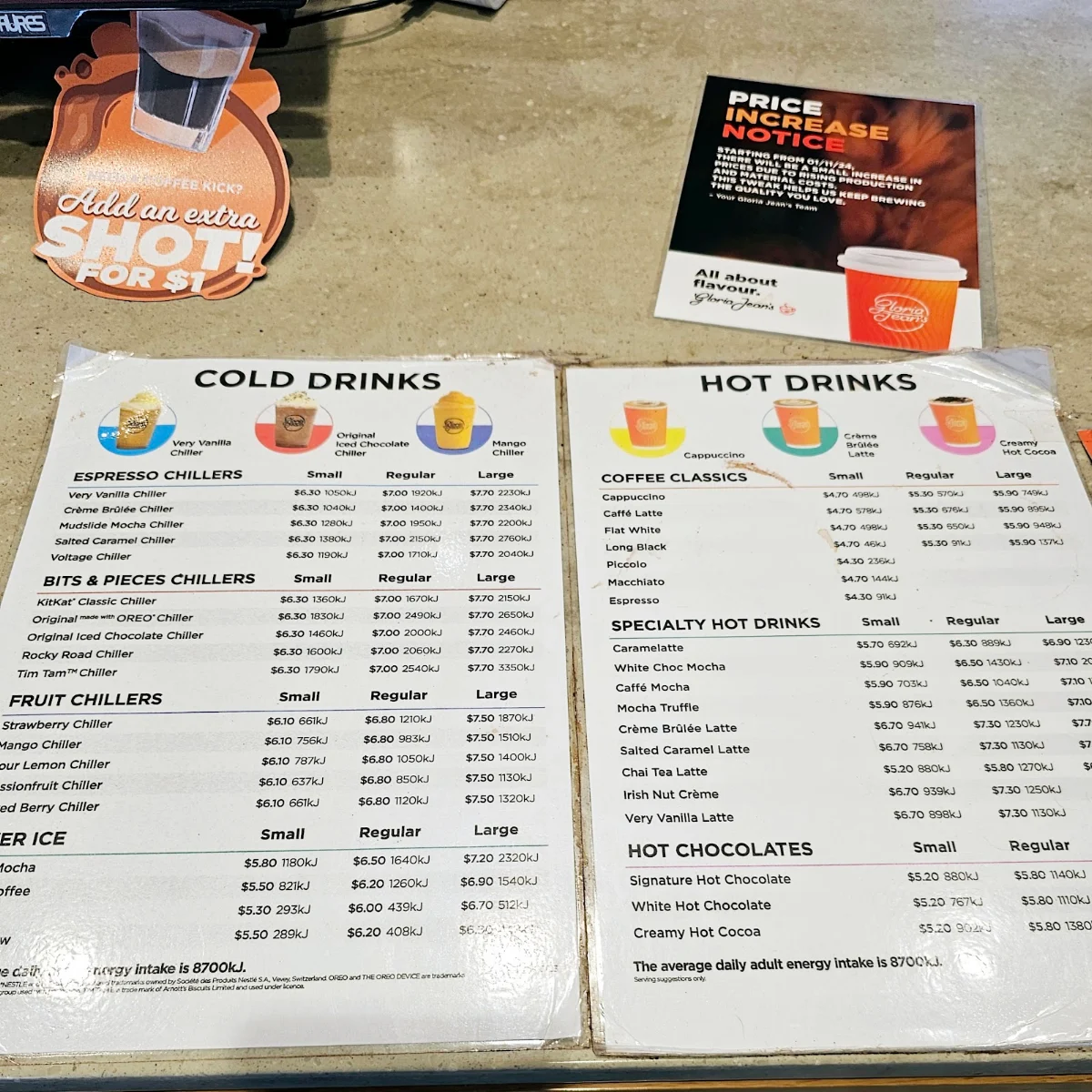 Menu, Gloria Jean's Moorooka Drive Thru