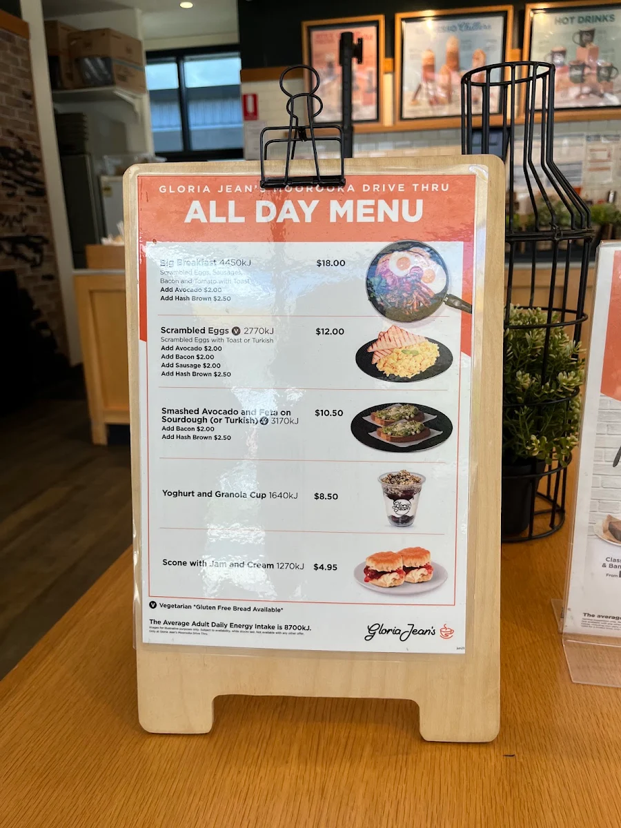 Menu, Gloria Jean's Moorooka Drive Thru