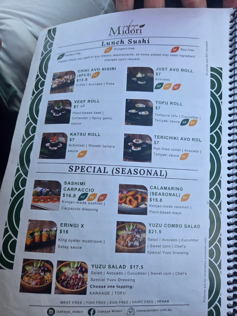 Menu, Izakaya Midori
