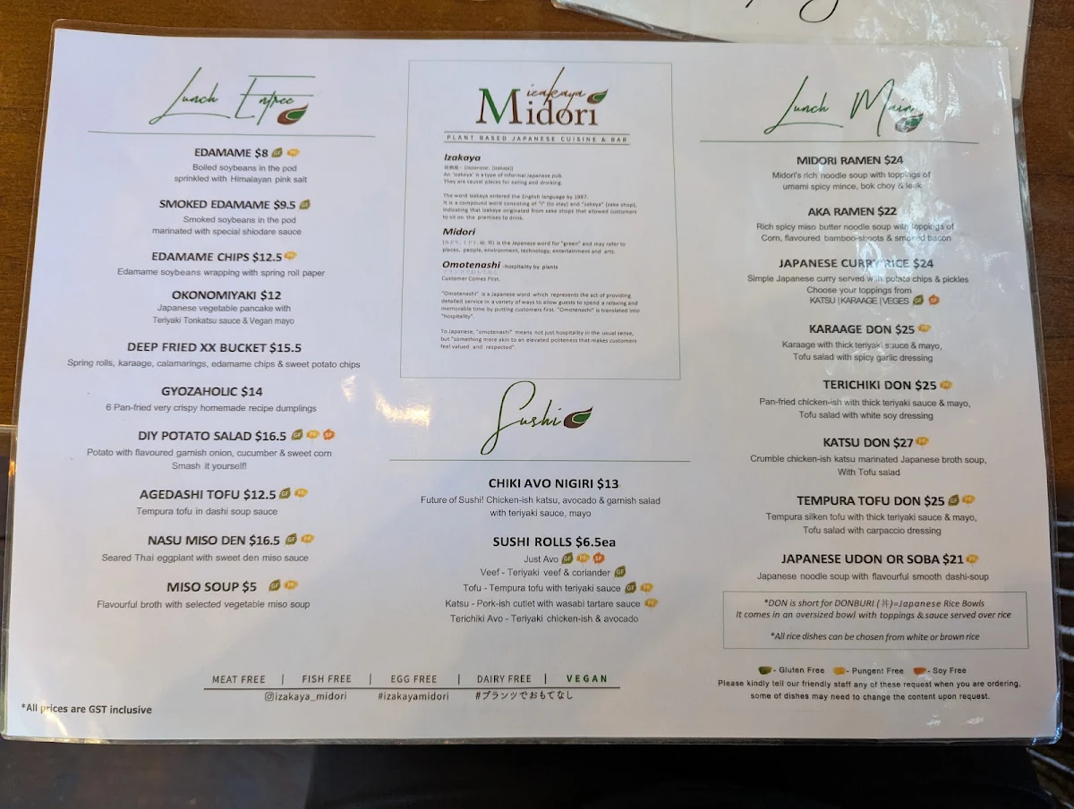 Menu, Izakaya Midori