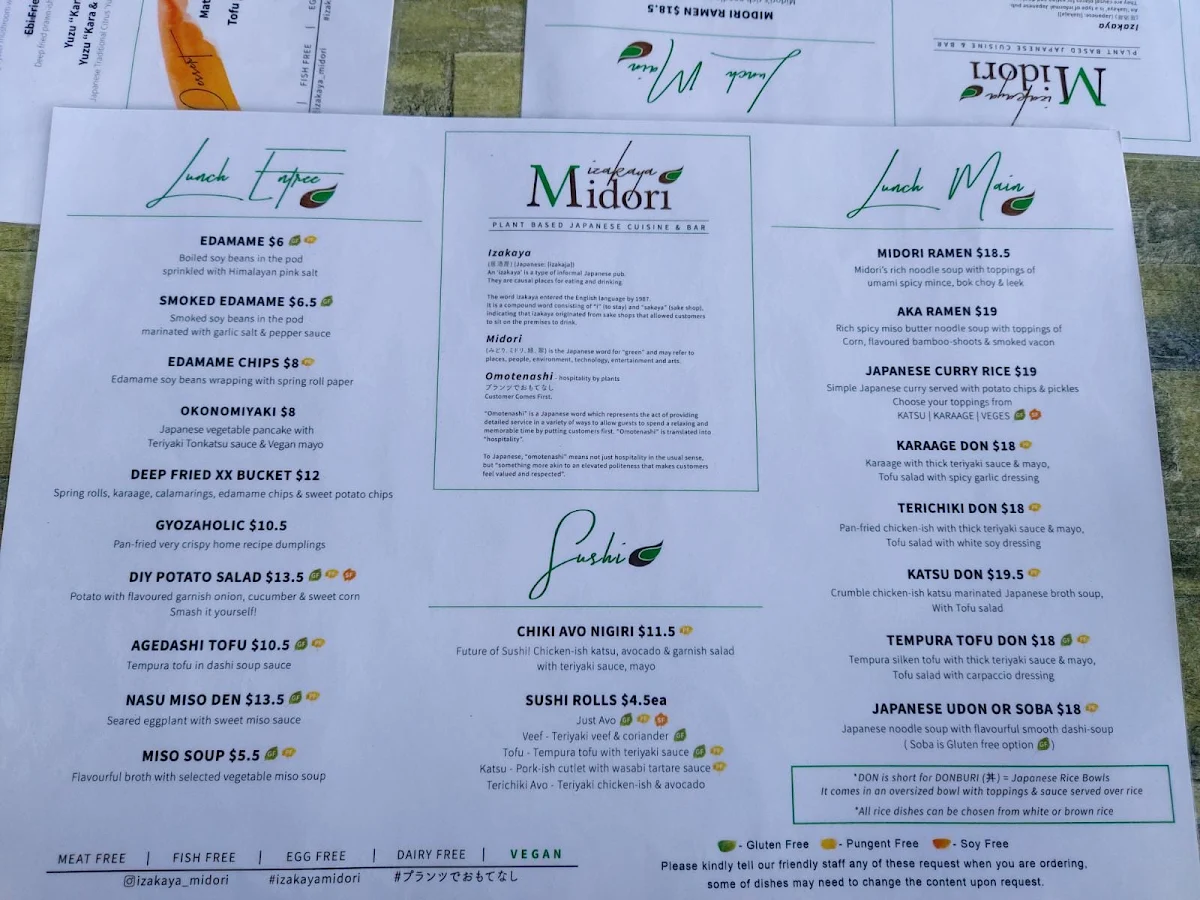 Menu, Izakaya Midori