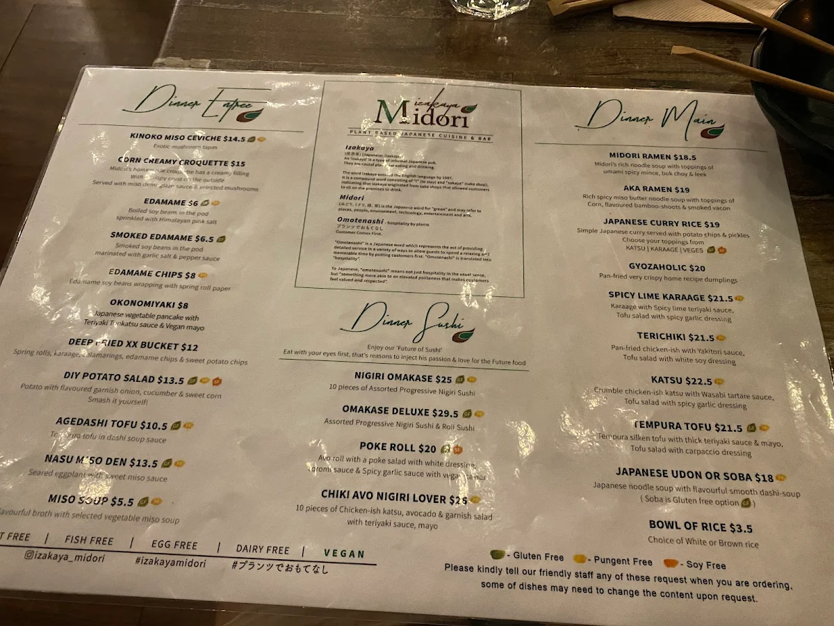 Menu, Izakaya Midori
