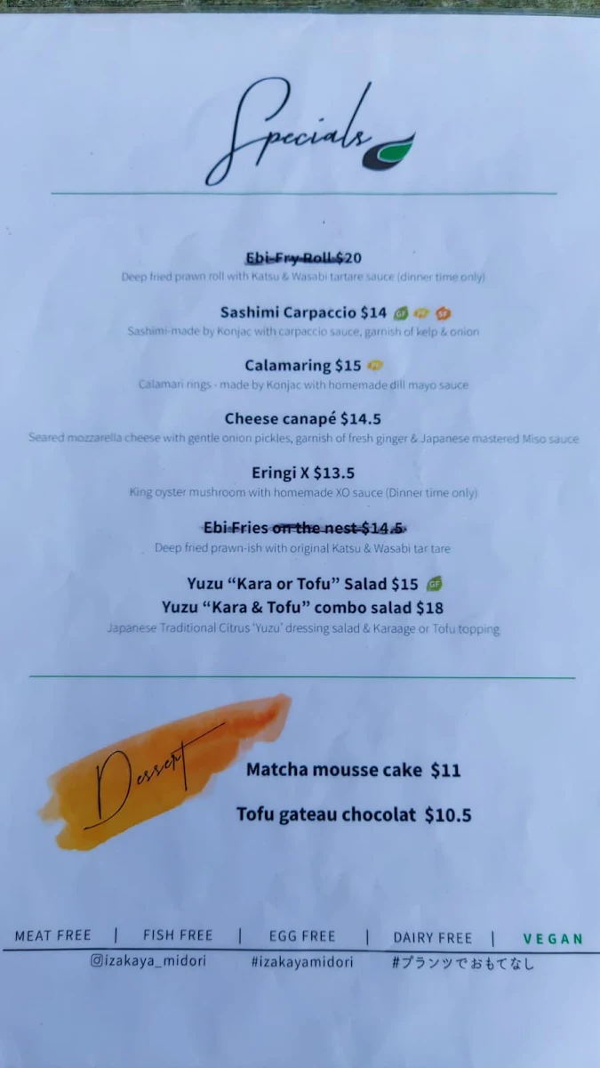 Menu, Izakaya Midori