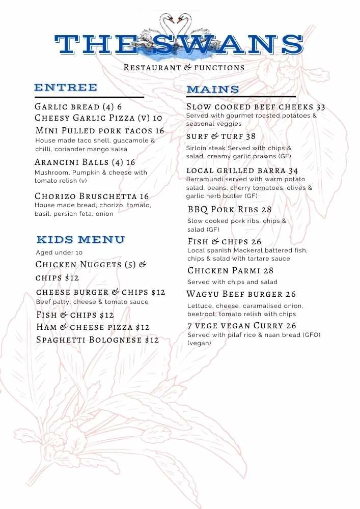 Menu, The Swans Restaurant & Function House