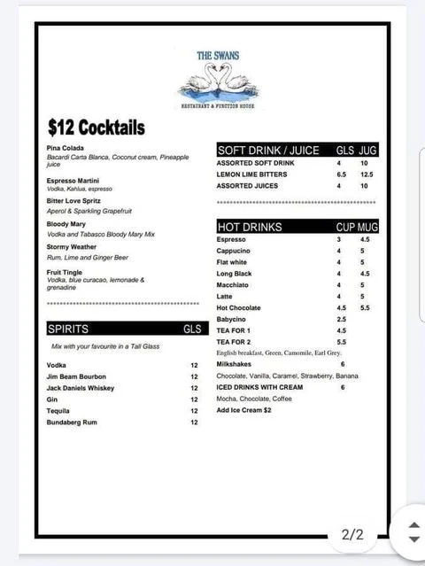 Menu, The Swans Restaurant & Function House