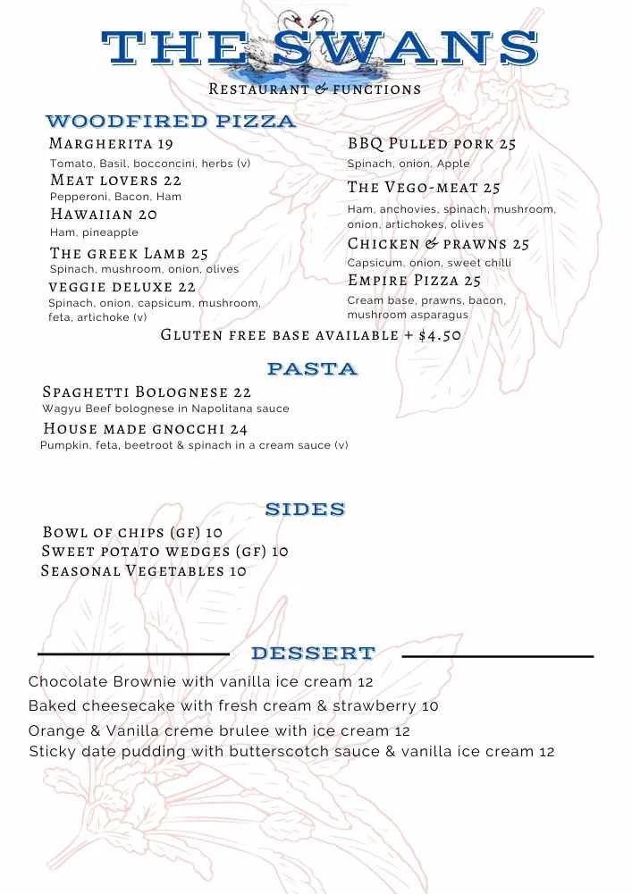 Menu, The Swans Restaurant & Function House