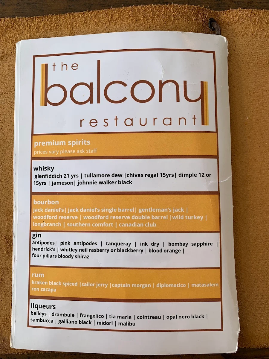 Menu, The Balcony Restaurant