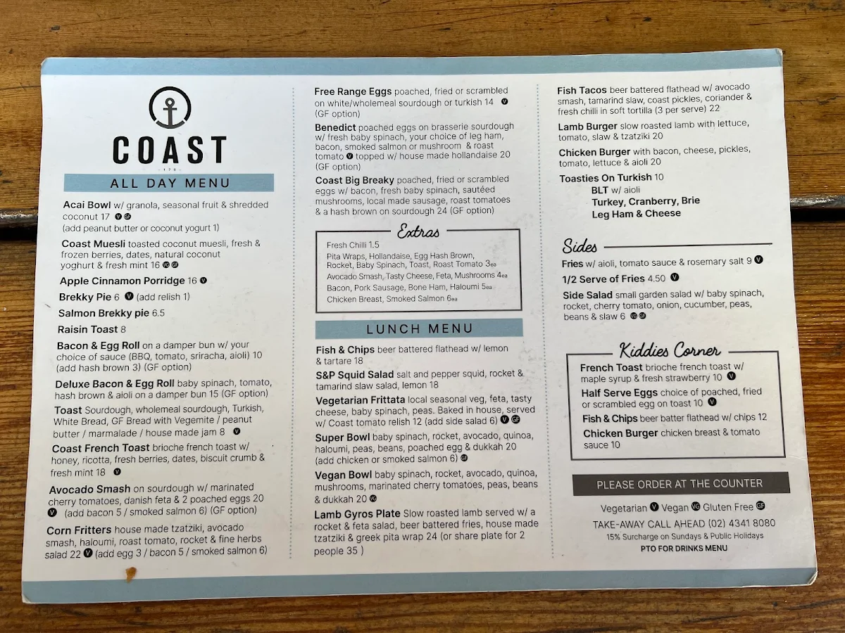 Menu, Coast 175
