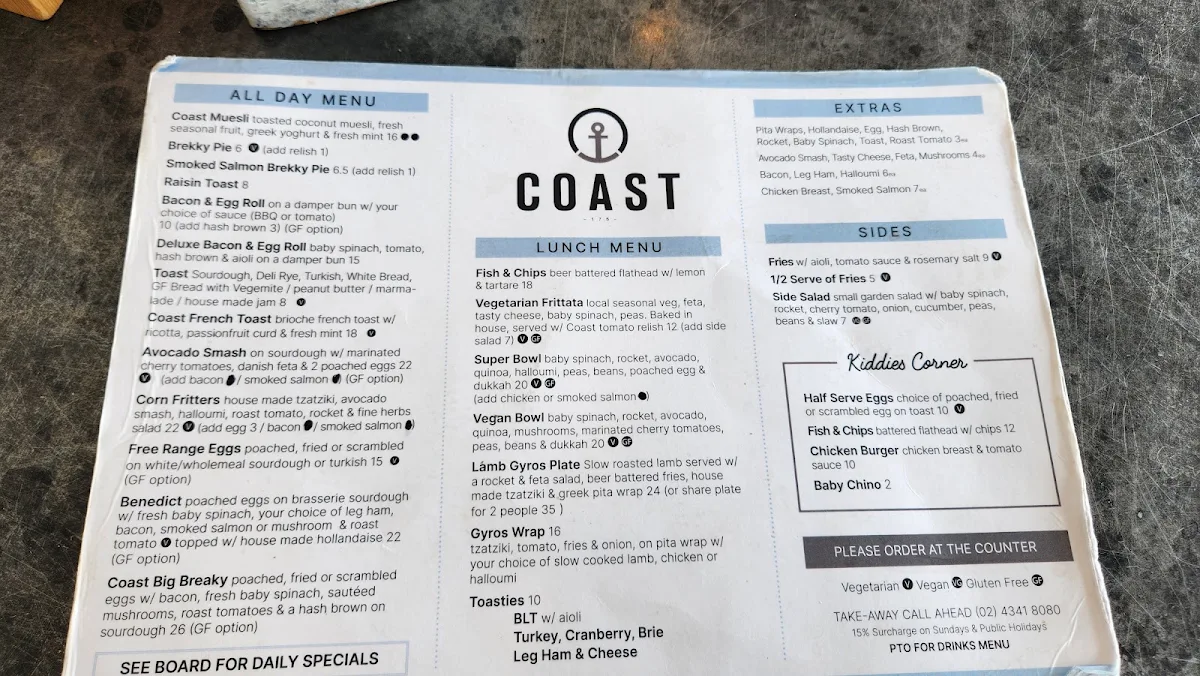 Menu, Coast 175