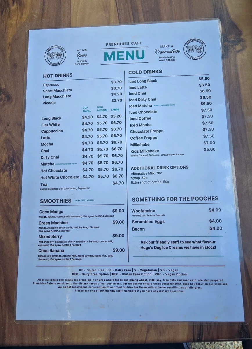 Menu, Frenchies Cafe Wynnum