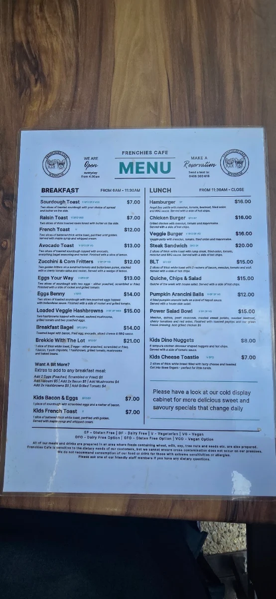Menu, Frenchies Cafe Wynnum