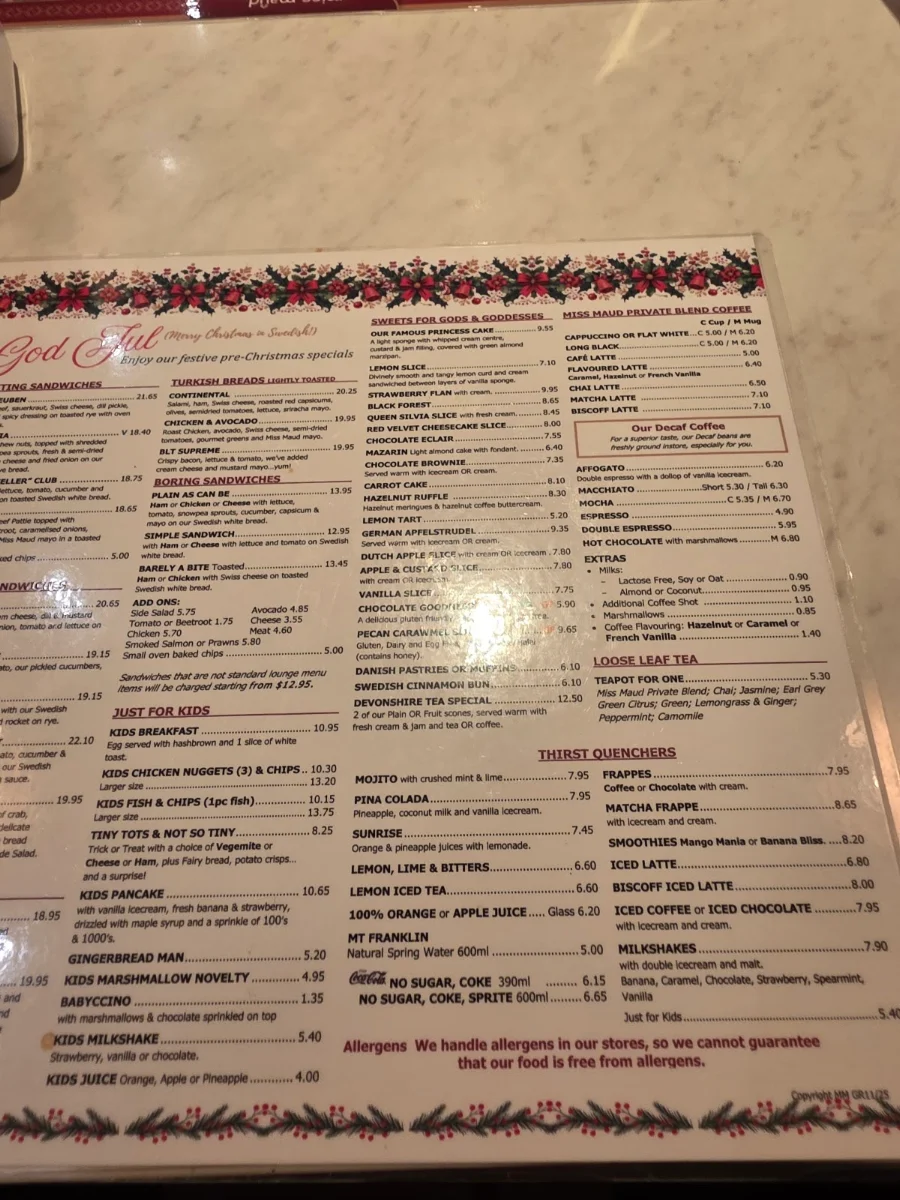 Menu, Miss Maud Joondalup