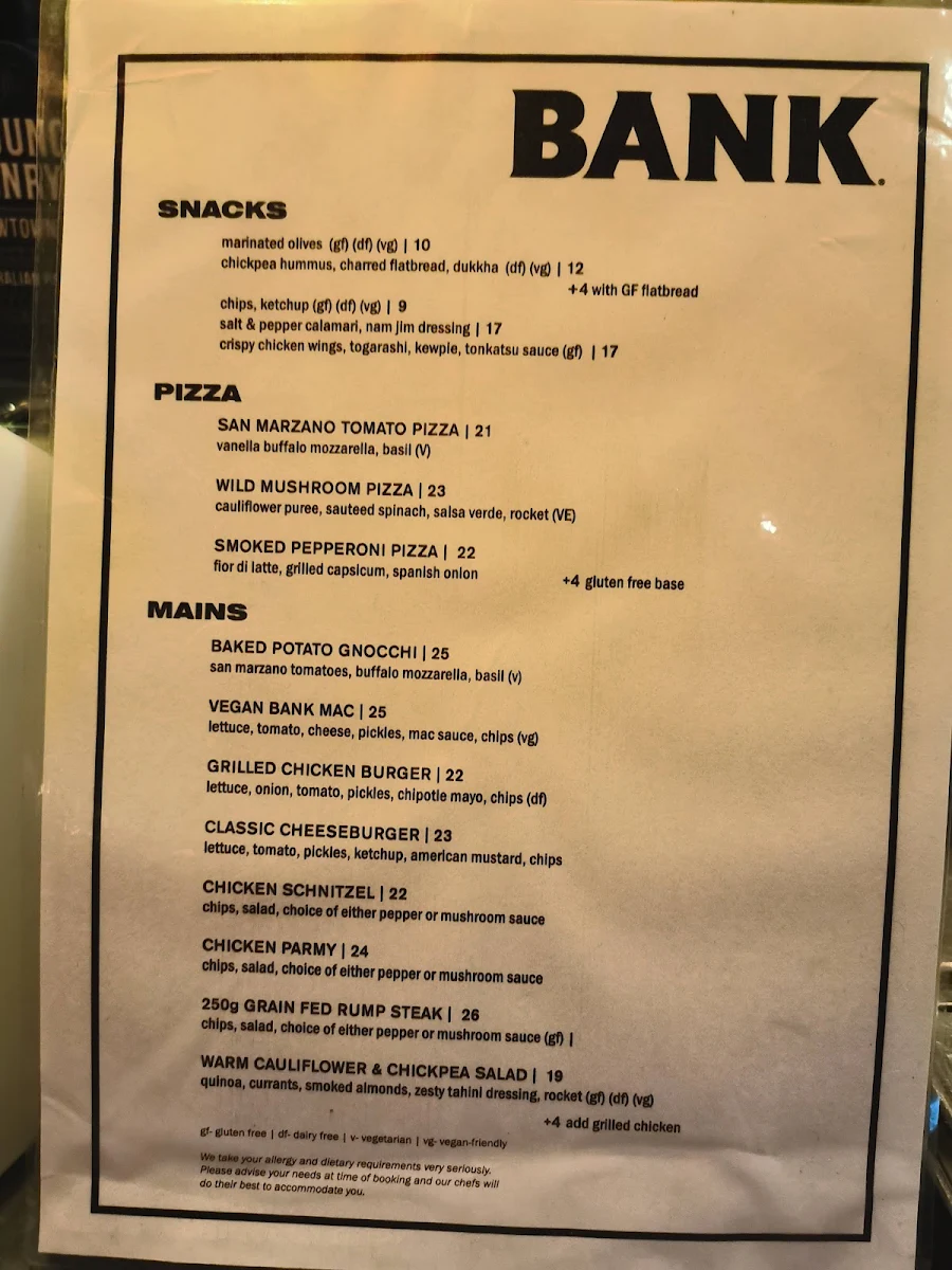 Menu, The Bank