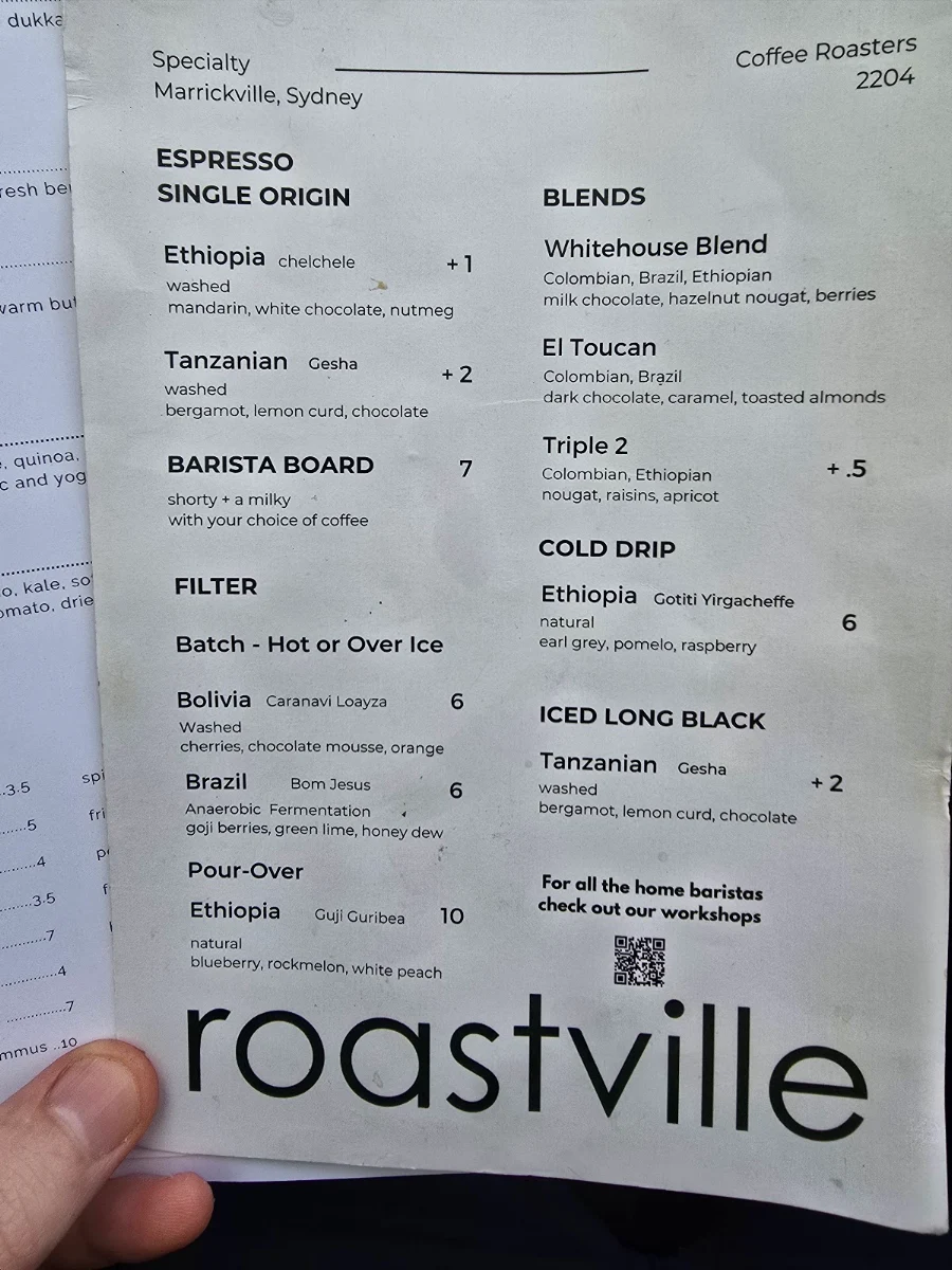 Menu, Roastville Coffee Roasters