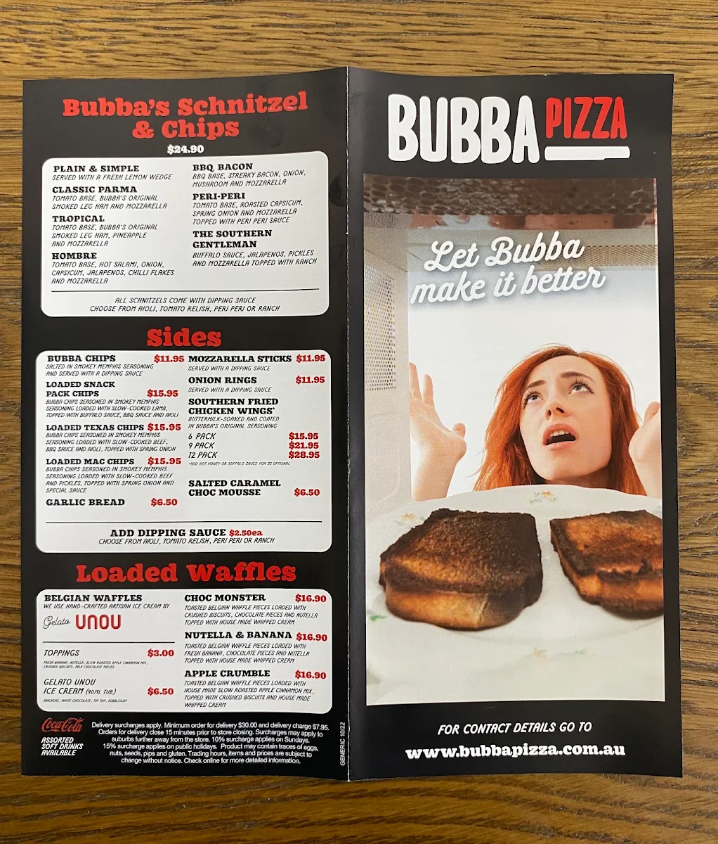 Menu, Bubba Pizza