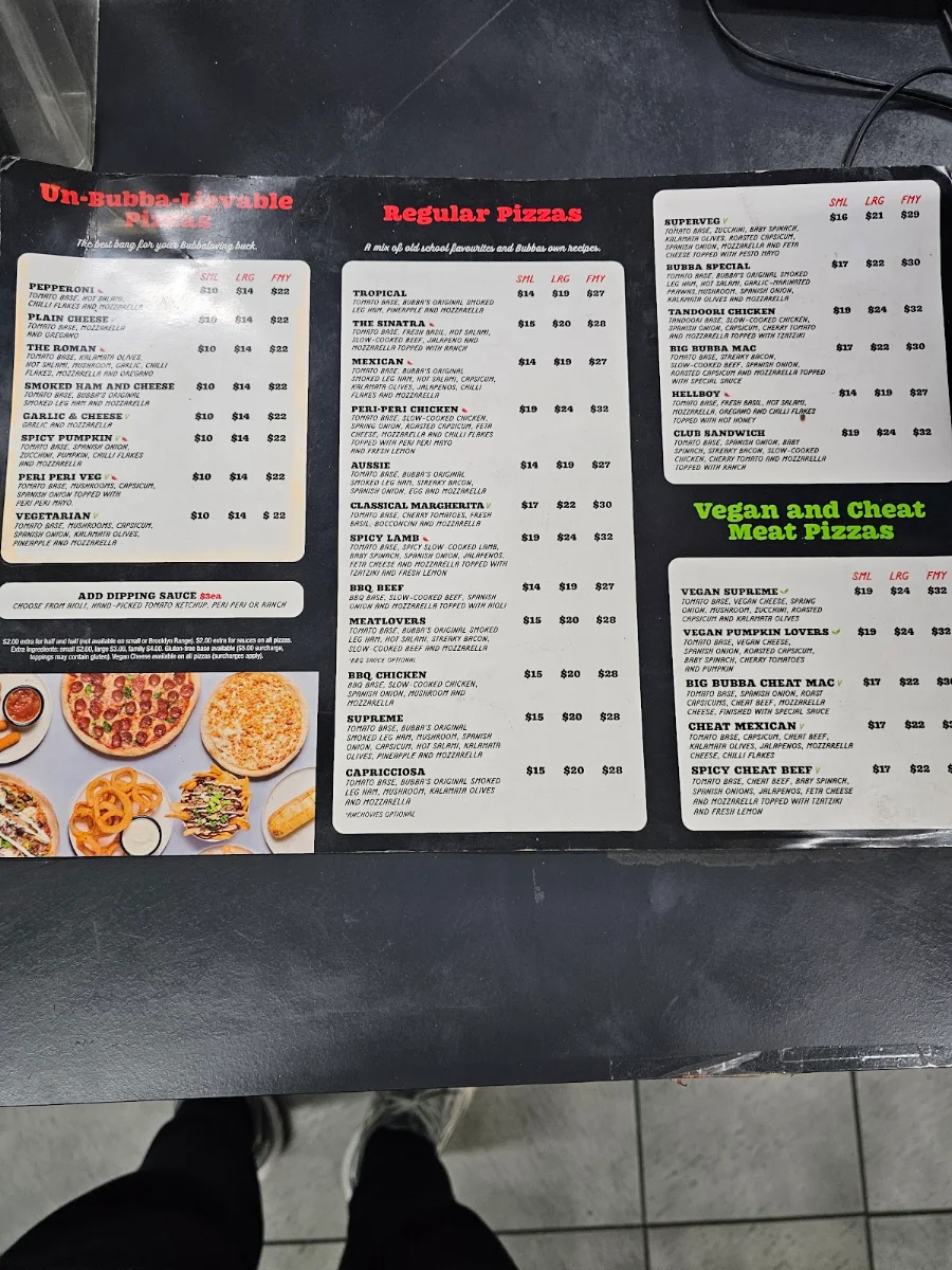 Menu, Bubba Pizza