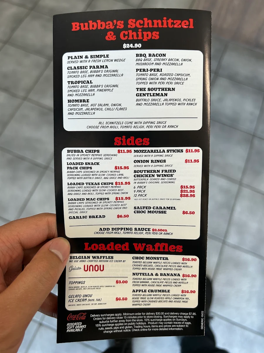 Menu, Bubba Pizza