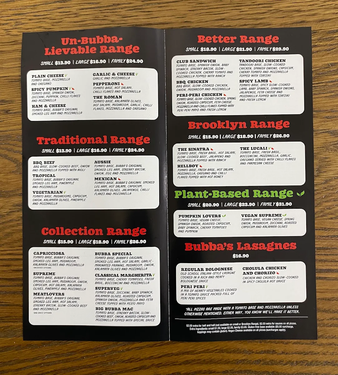 Menu, Bubba Pizza