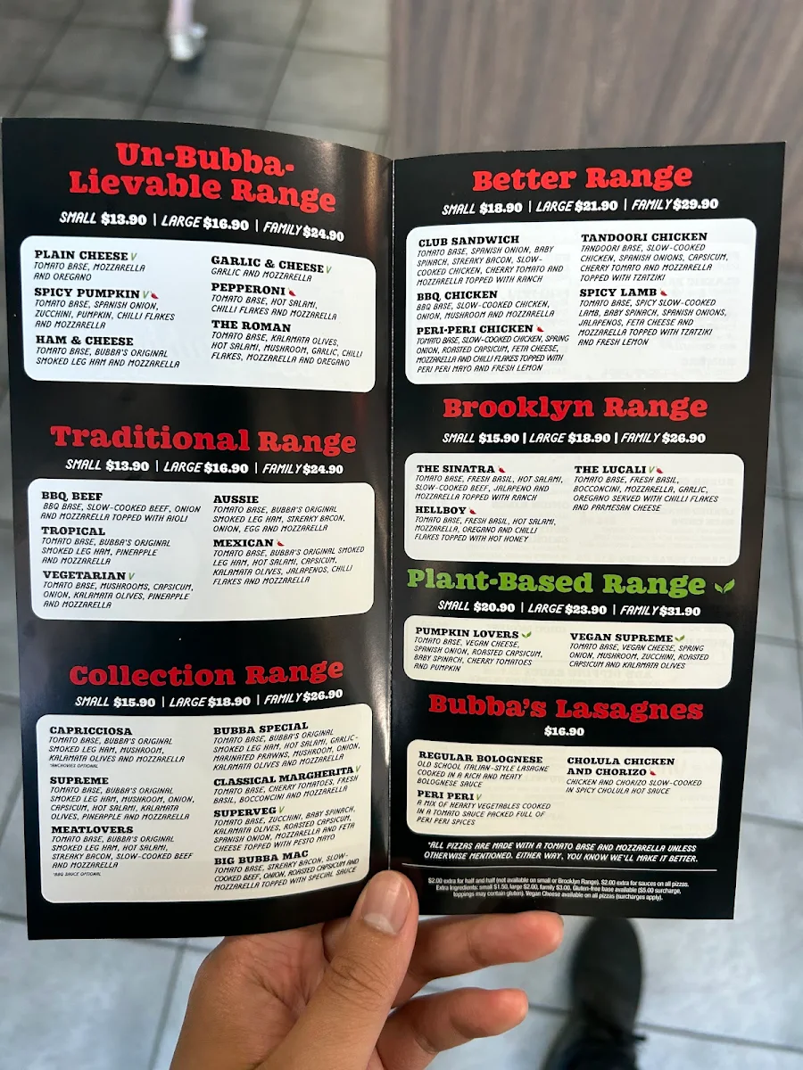 Menu, Bubba Pizza