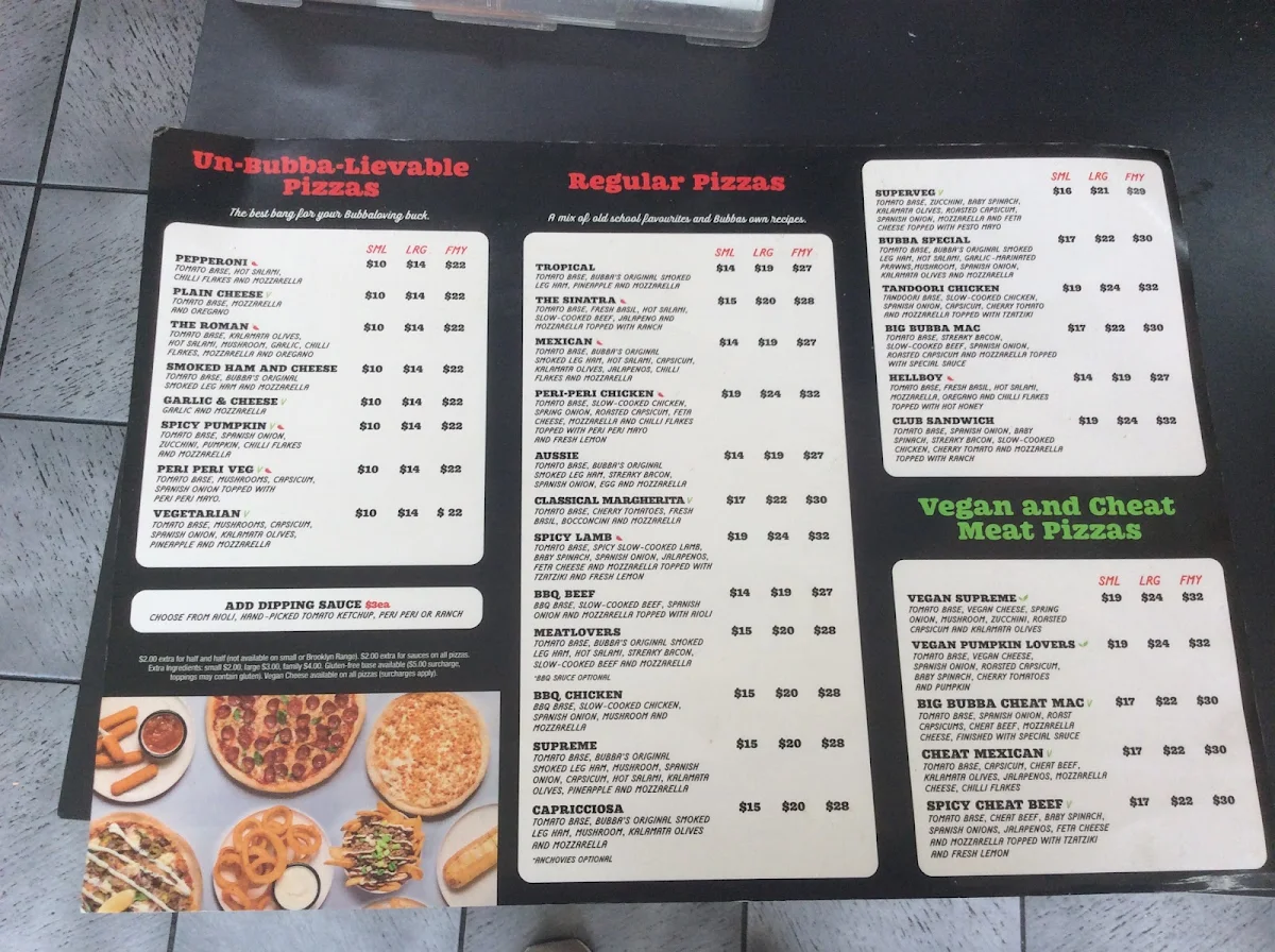 Menu, Bubba Pizza