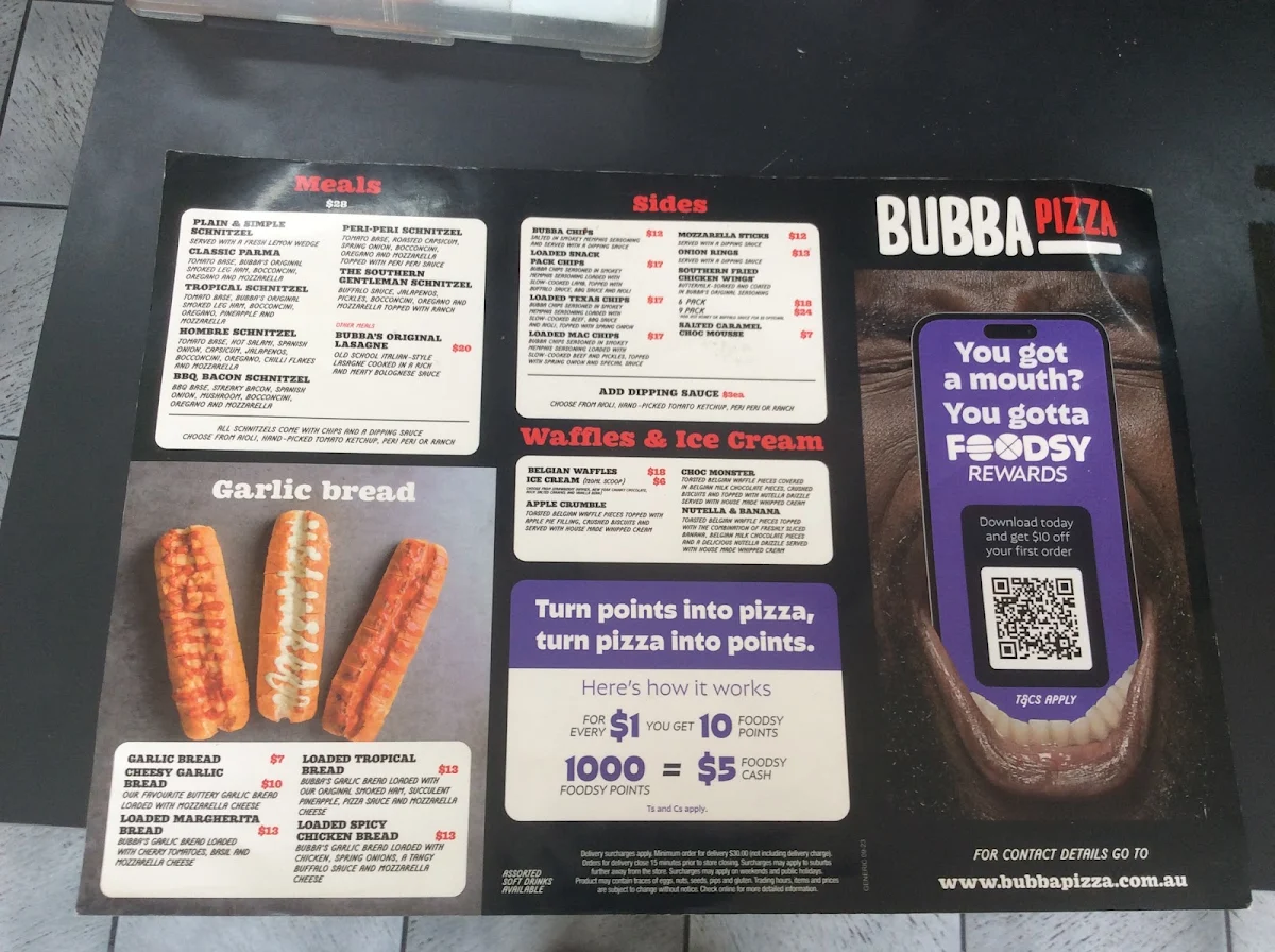 Menu, Bubba Pizza