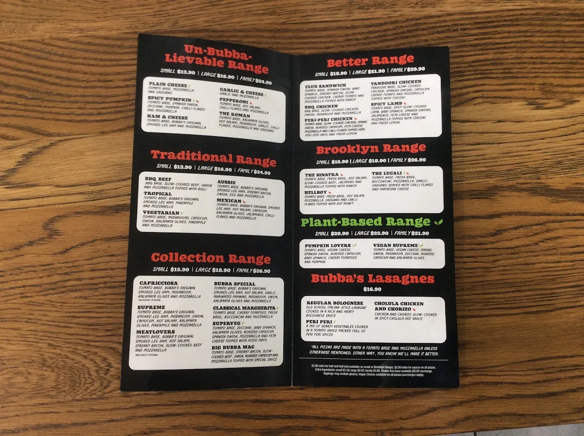 Menu, Bubba Pizza