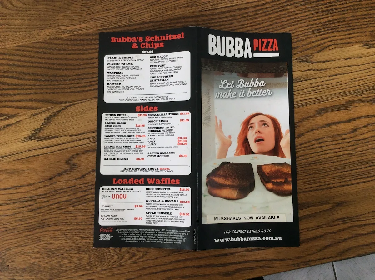 Menu, Bubba Pizza