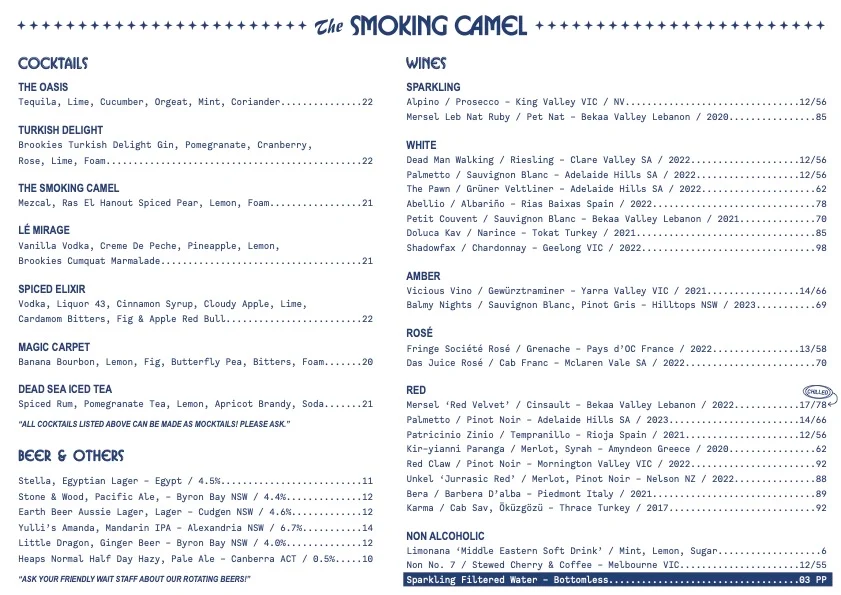 Menu, The Smoking Camel