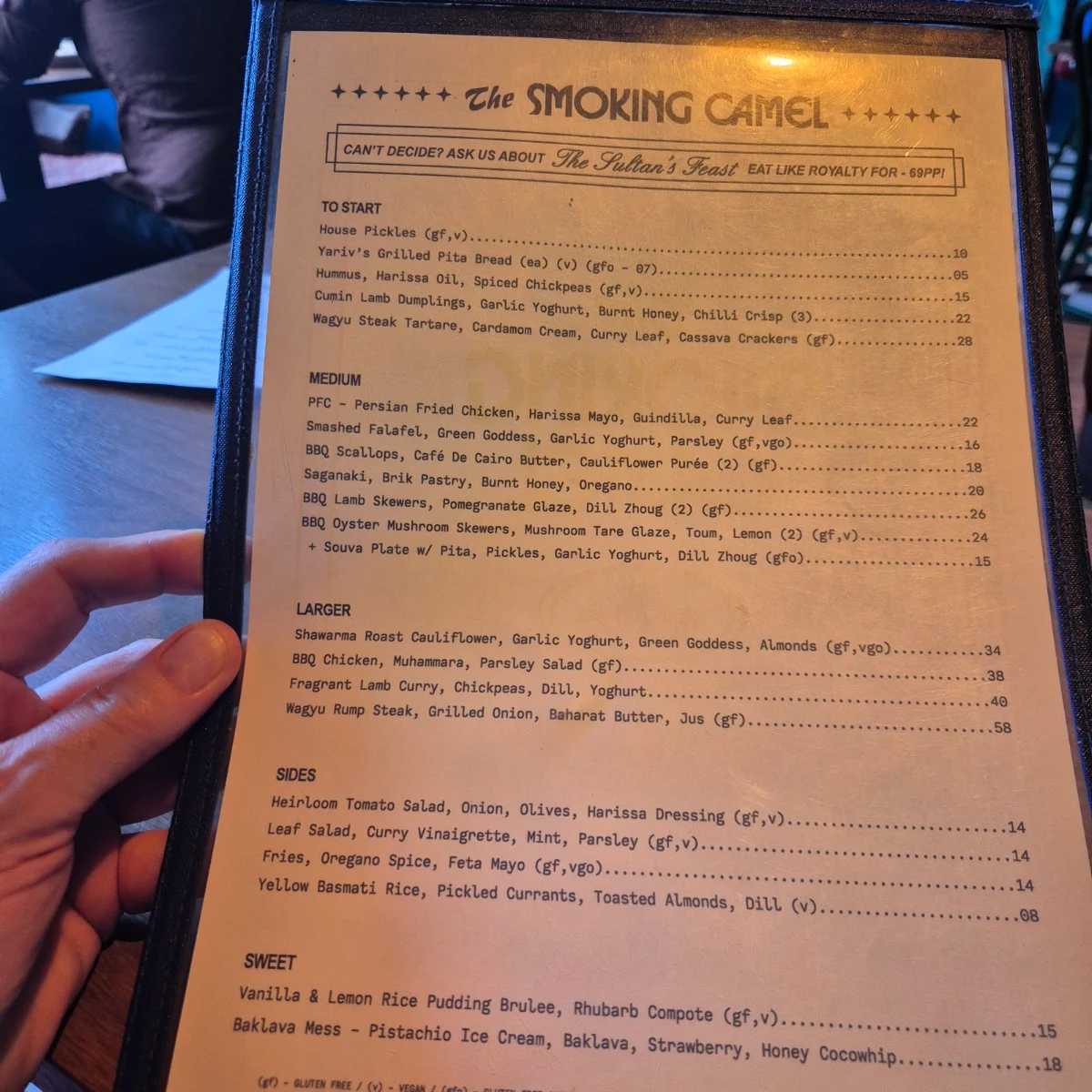 Menu, The Smoking Camel