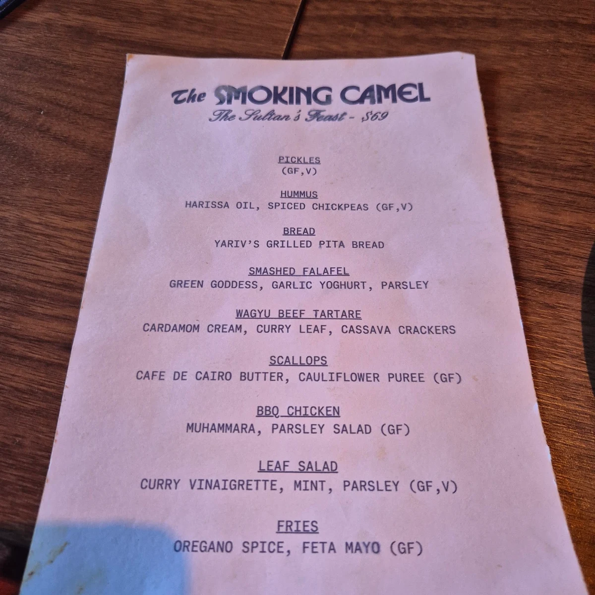Menu, The Smoking Camel