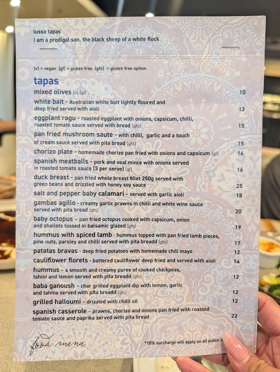 Menu, Lusso Tapas Blacktown