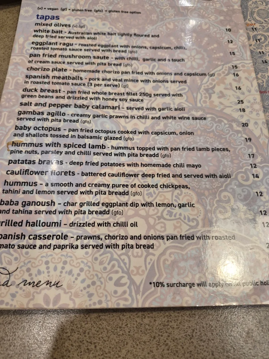 Menu, Lusso Tapas Blacktown