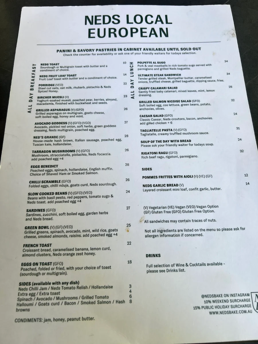 Menu, Ned’s Bake & Bistro Middle Park
