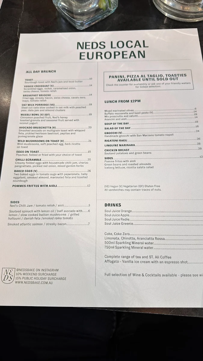 Menu, Ned’s Bake & Bistro Middle Park