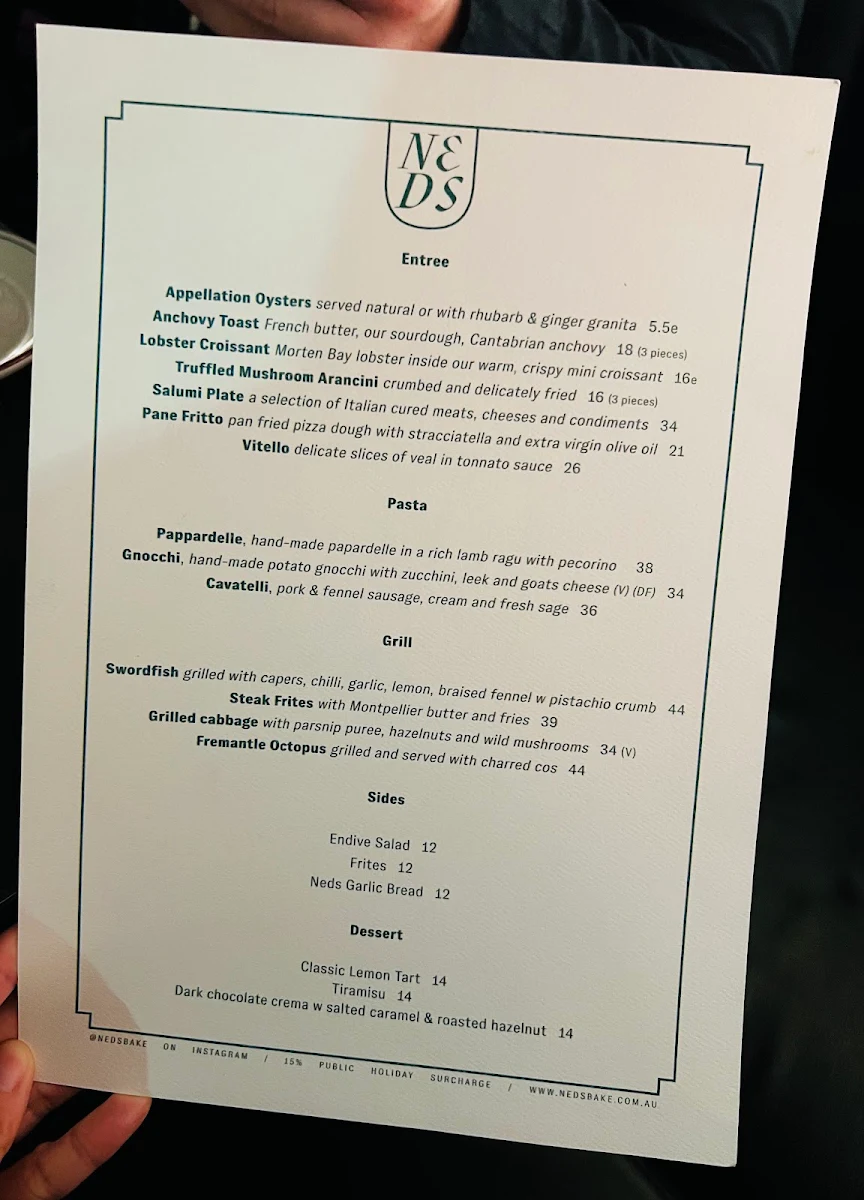 Menu, Ned’s Bake & Bistro Middle Park