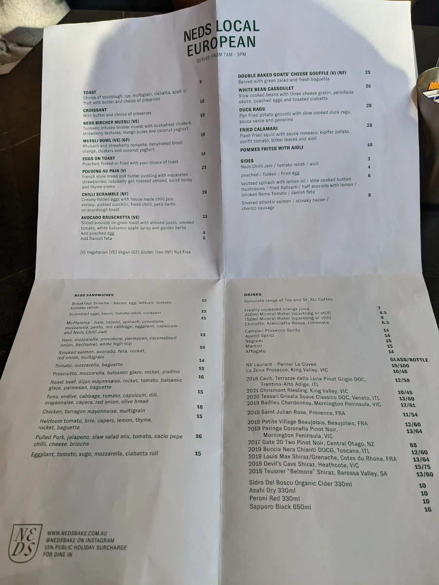 Menu, Ned’s Bake & Bistro Middle Park