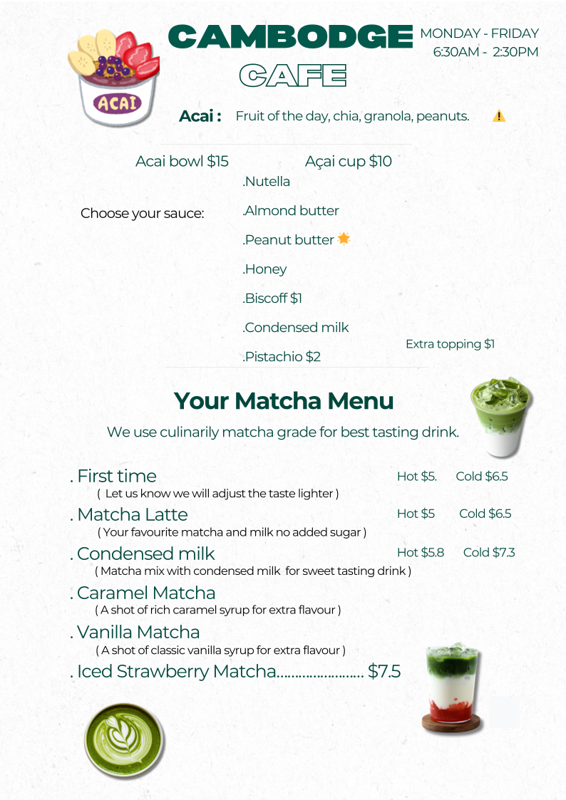 Menu, Cambodge Cafe