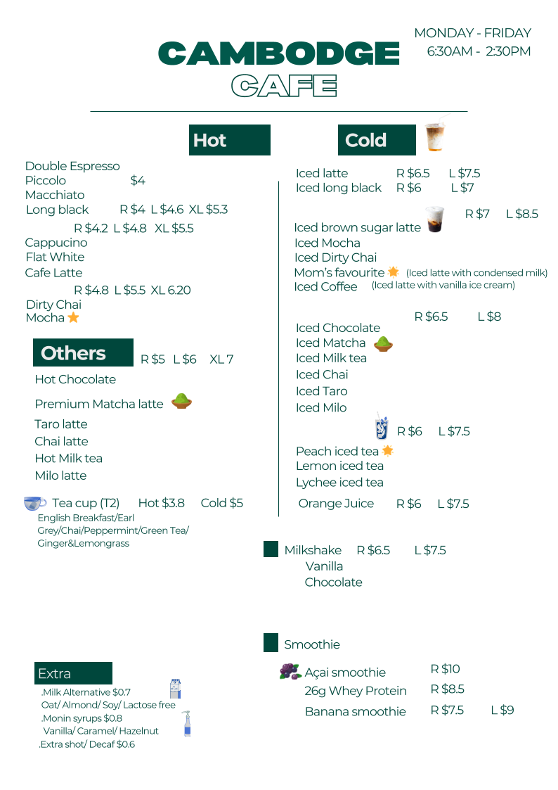 Menu, Cambodge Cafe