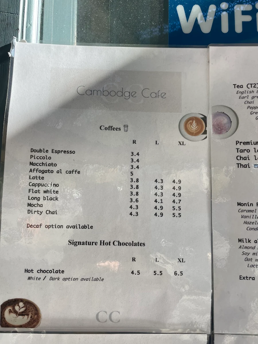 Menu, Cambodge Cafe