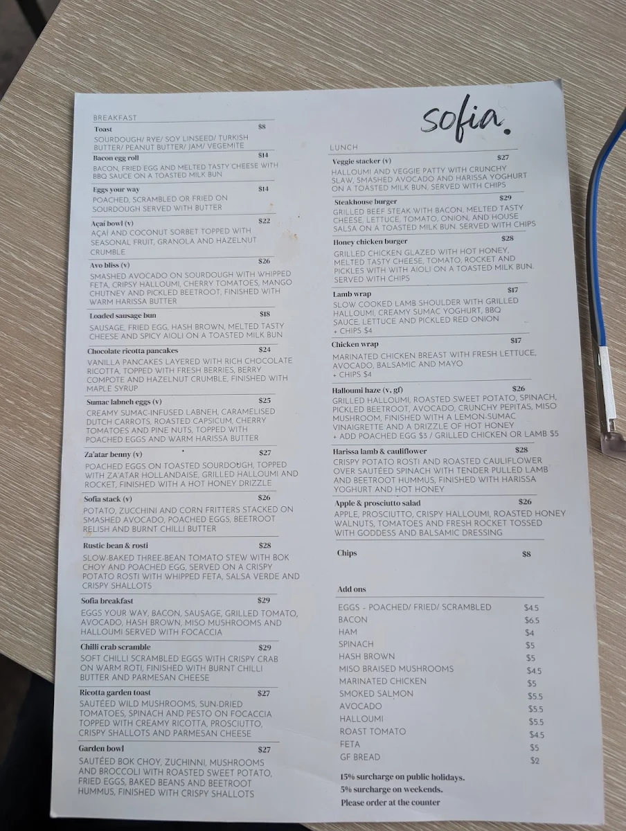Menu, Cafe Sofia