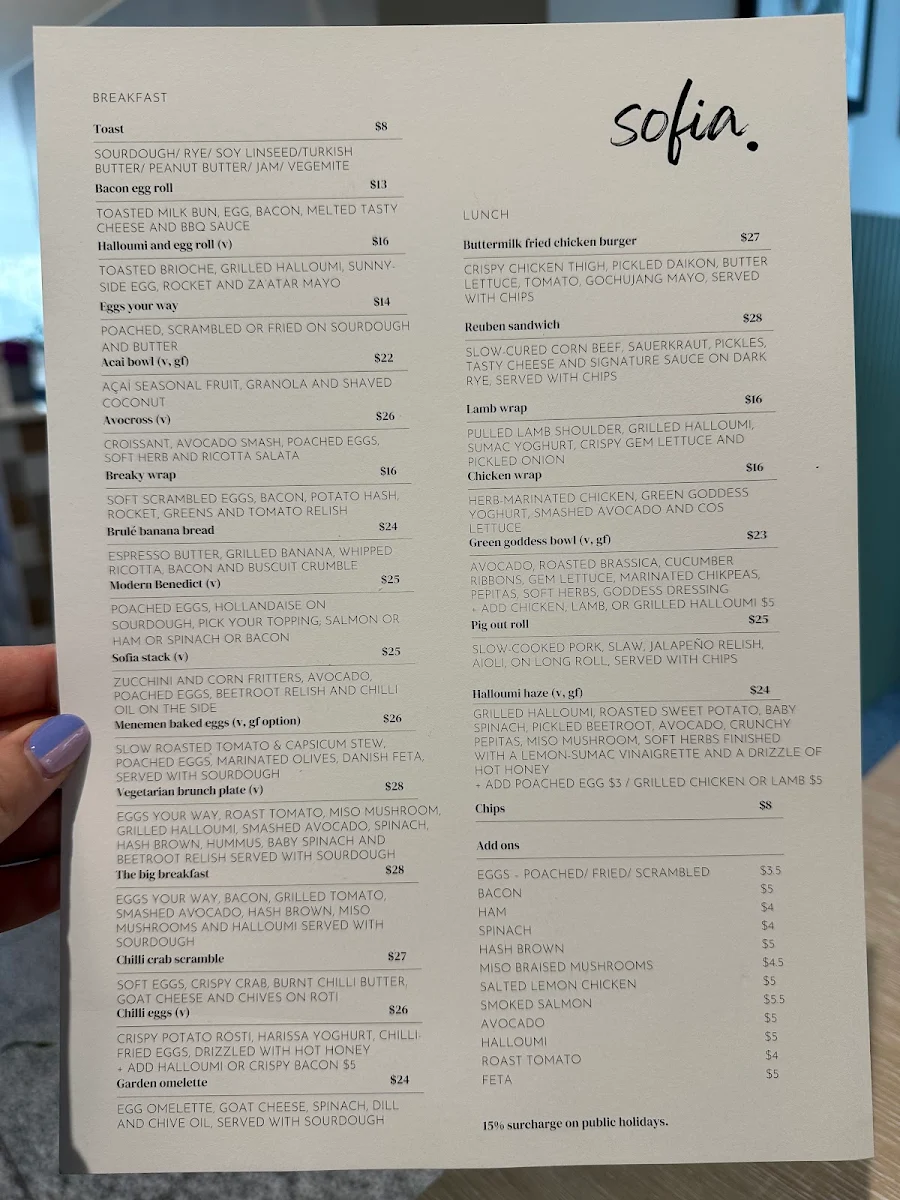 Menu, Cafe Sofia