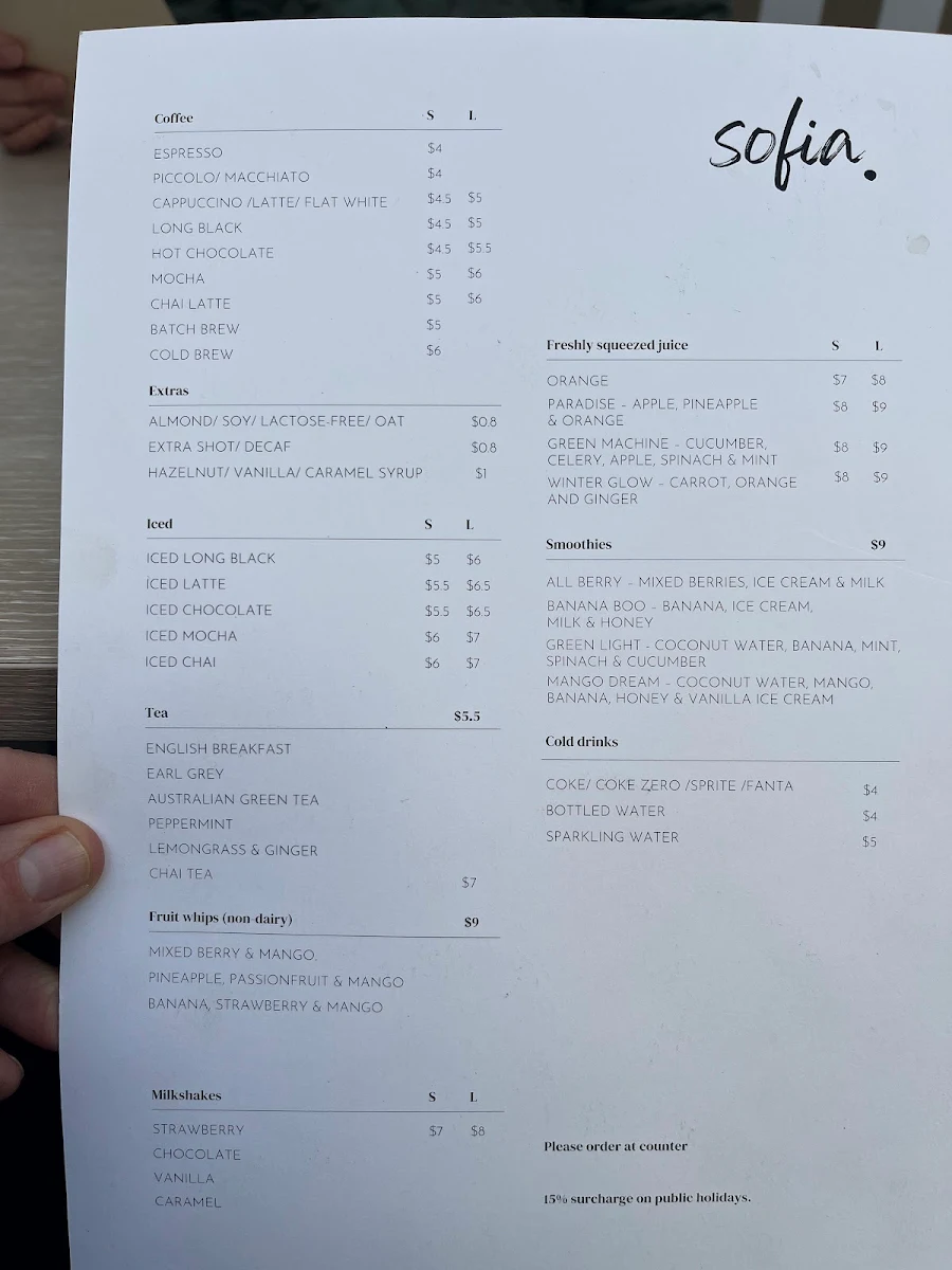 Menu, Cafe Sofia