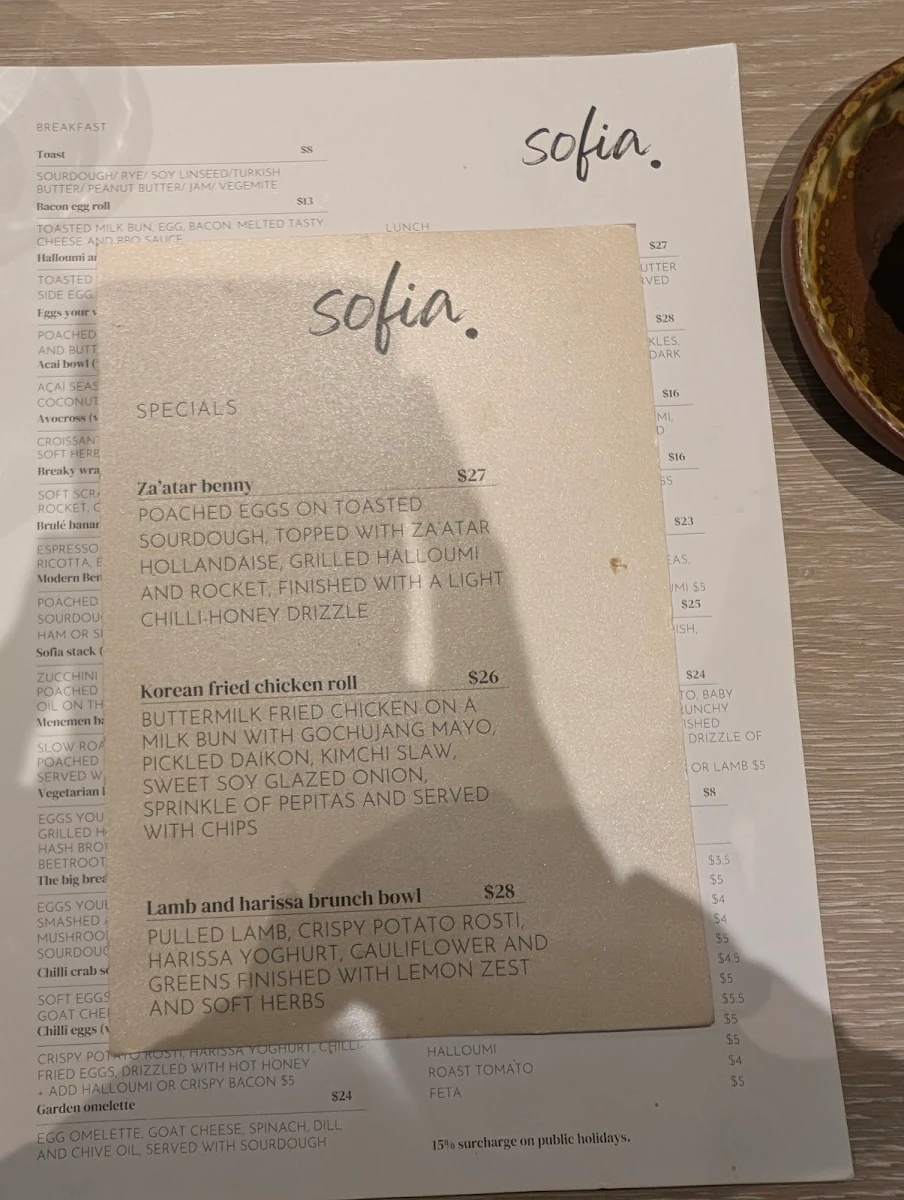 Menu, Cafe Sofia