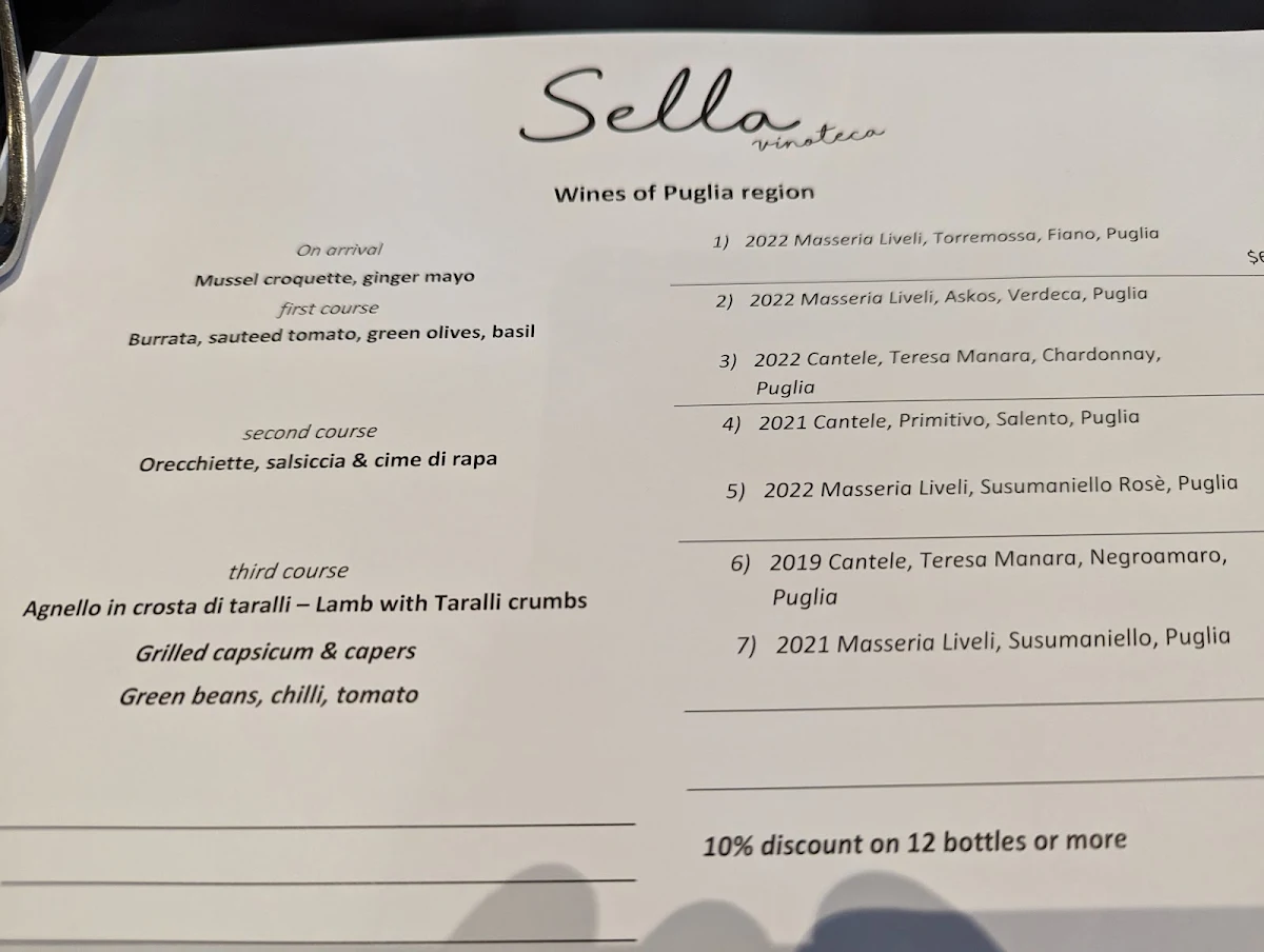 Menu, Sella Vinoteca