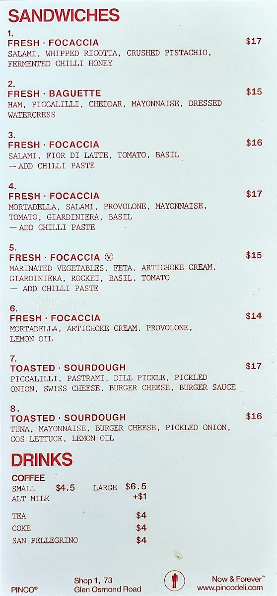 Menu, Pinco Deli