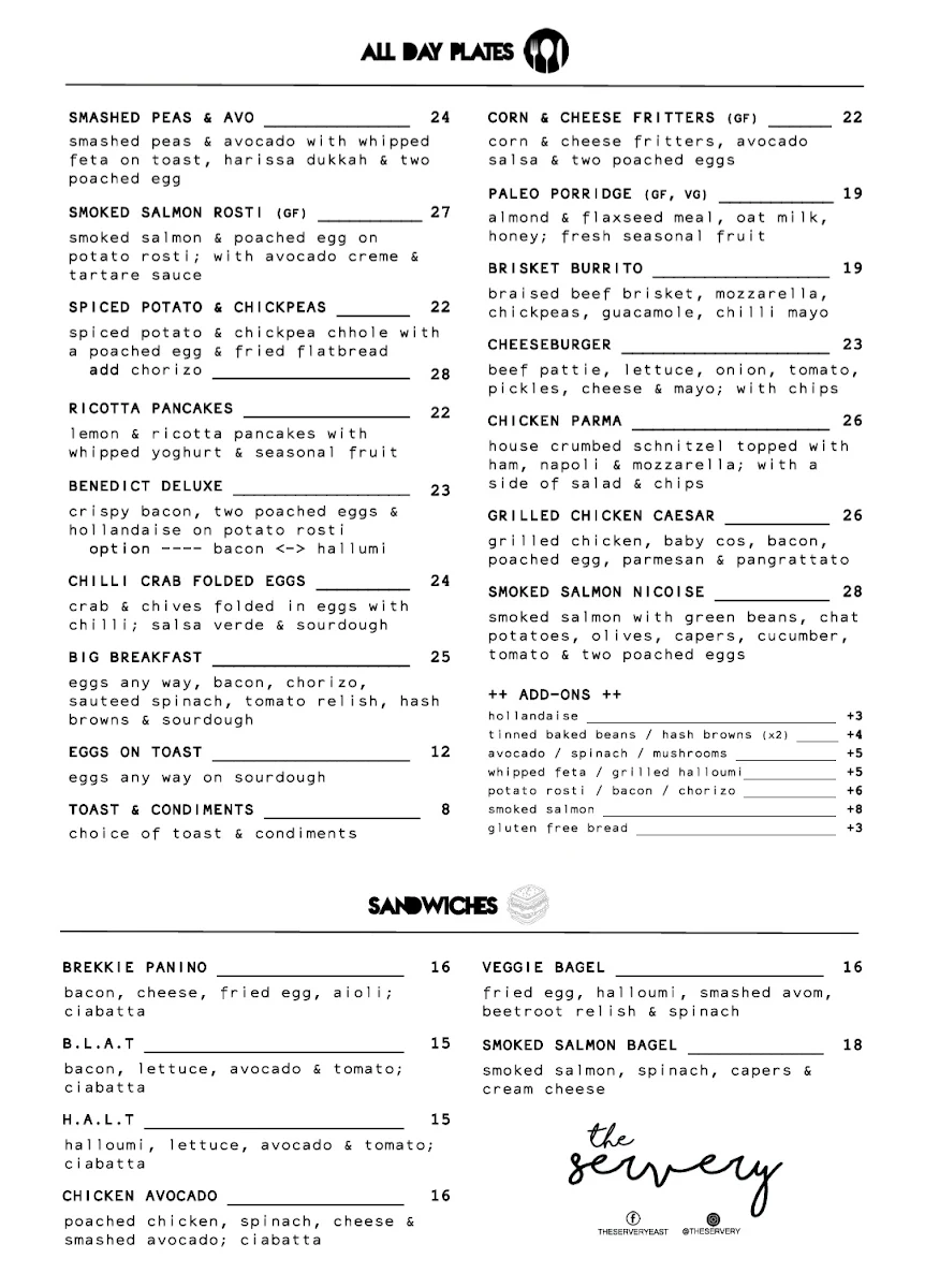 Menu, The Servery