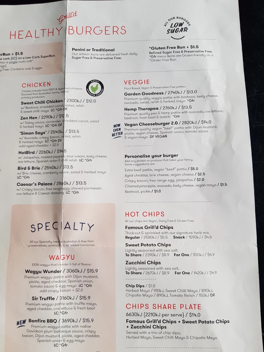 Menu, Grill'd Burgers - Yarraville