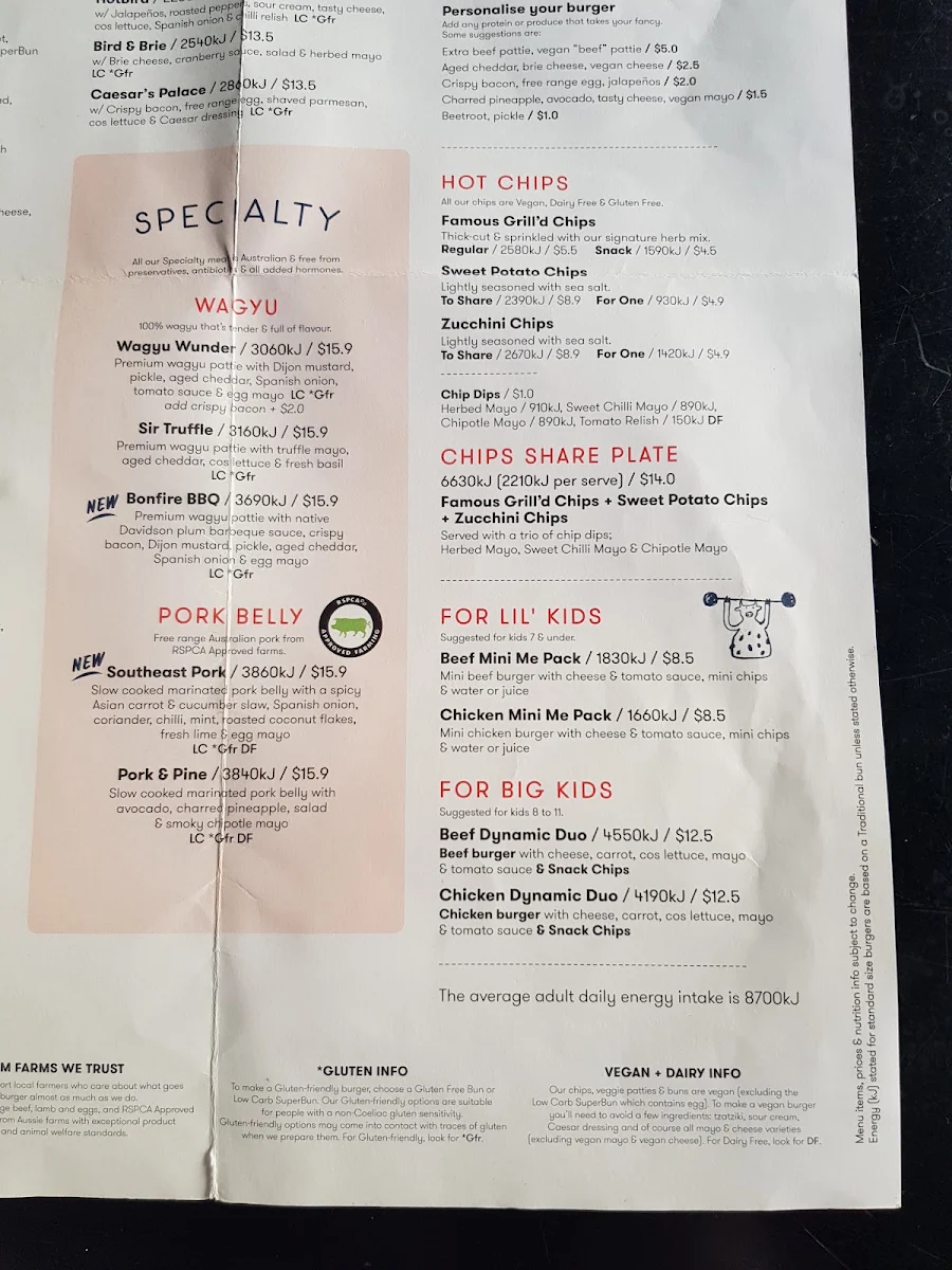 Menu, Grill'd Burgers - Yarraville